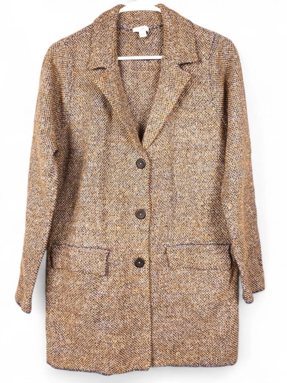 J. Jill Womens XS Tweed Textured Sweater Jacket Blazer Gold Navy Knit Coat